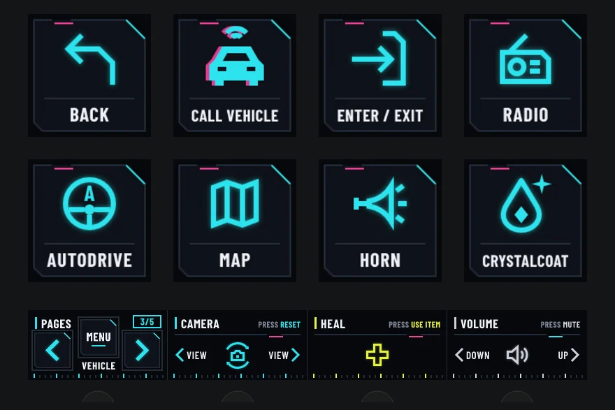 The Vehicle page on Stream Deck +: eight keys and the touch strip.