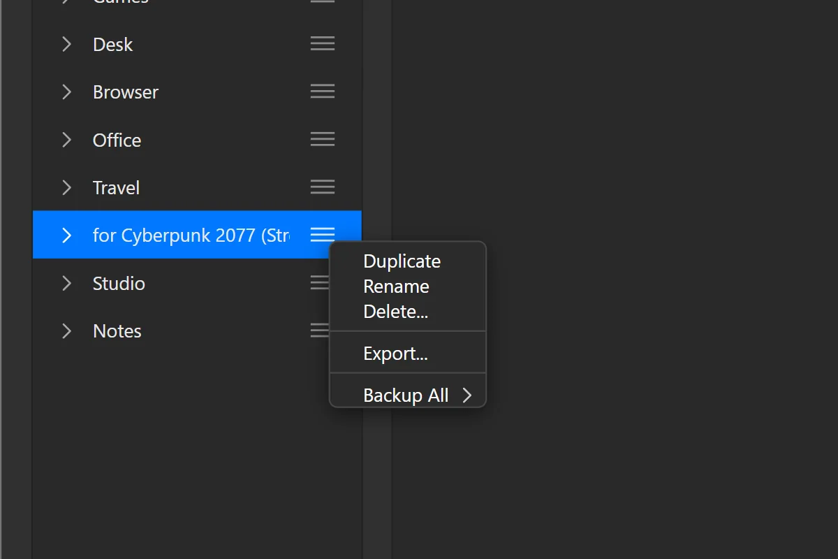 Edit Profiles: open the profile’s menu and choose Export to save a copy.