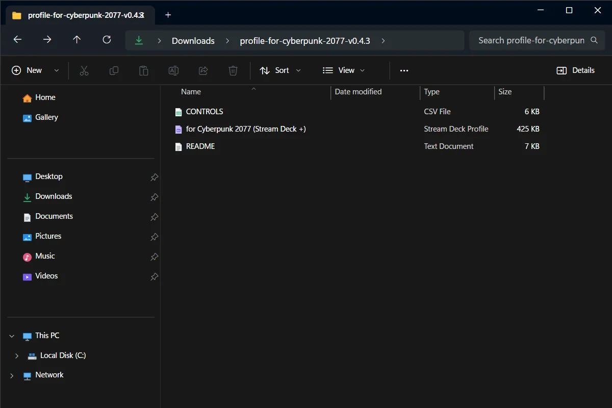 The unzipped folder: the profile file for each Stream Deck model.