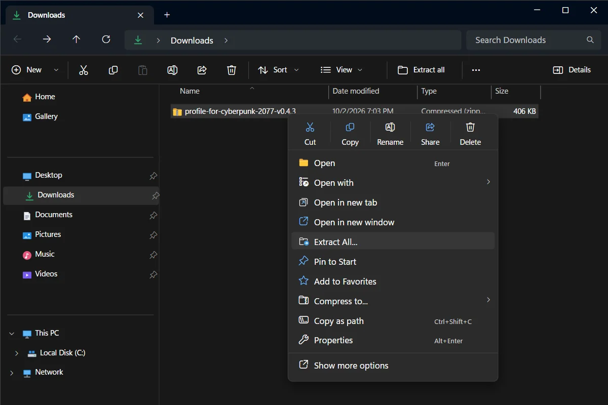 Right-click the zip file and choose Extract All.