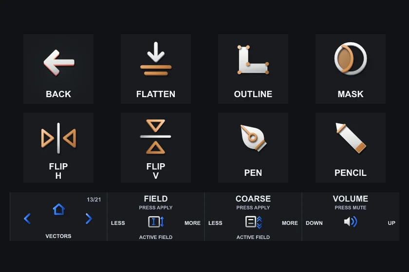 The Vectors page on Stream Deck +: eight keys and the touch strip.