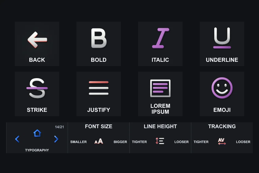 The Typography page on Stream Deck +: eight keys and the touch strip.