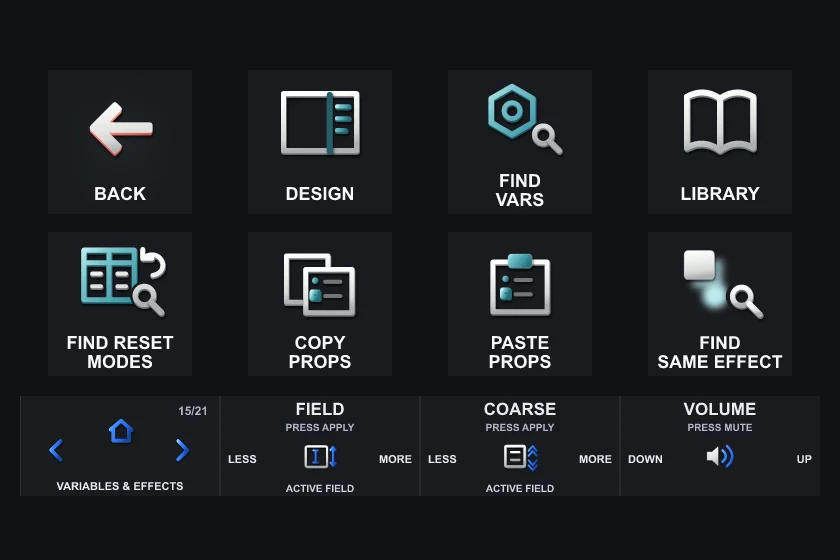 The Variables & Effects page on Stream Deck +: eight keys and the touch strip.