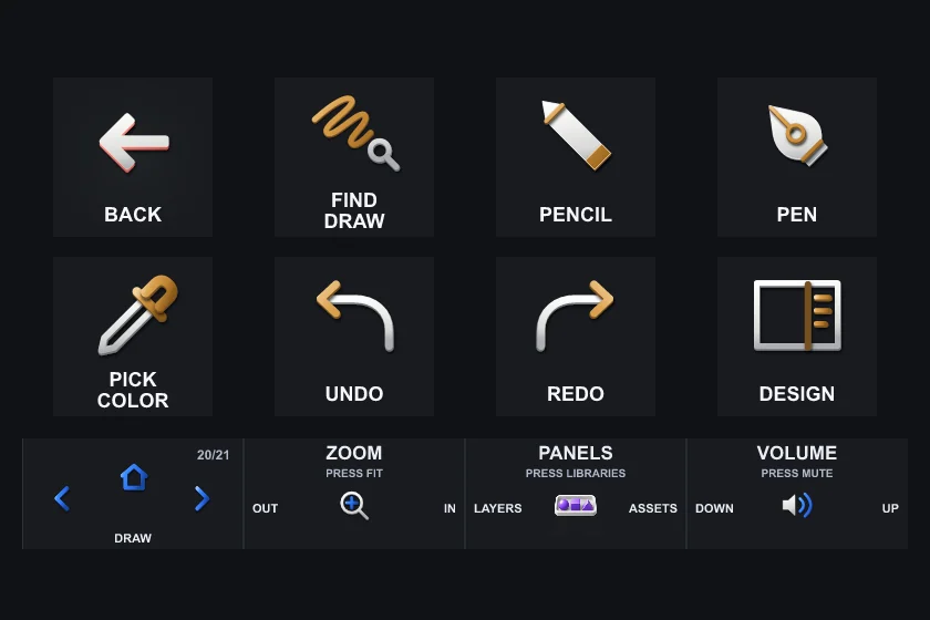 The Draw page on Stream Deck +: eight keys and the touch strip.