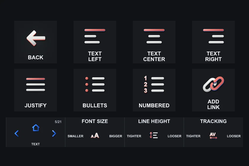 The Text page on Stream Deck +: eight keys and the touch strip.