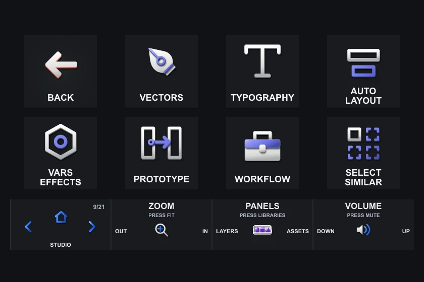 The Studio page on Stream Deck +: eight keys and the touch strip.
