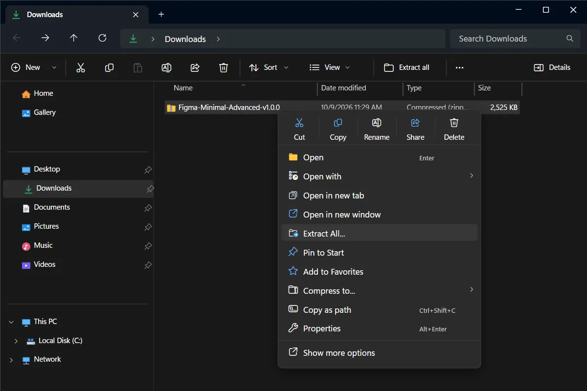 Right-click the zip file and choose Extract All.