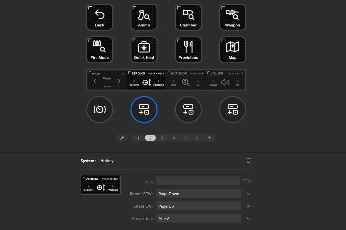 Click a dial: its settings show what it sends when you turn it left, right, and press it.