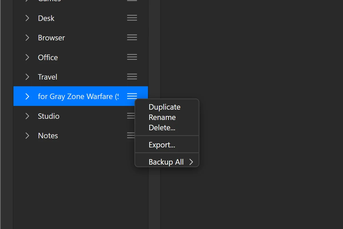 Edit Profiles: open the profile’s menu and choose Export to save a copy.