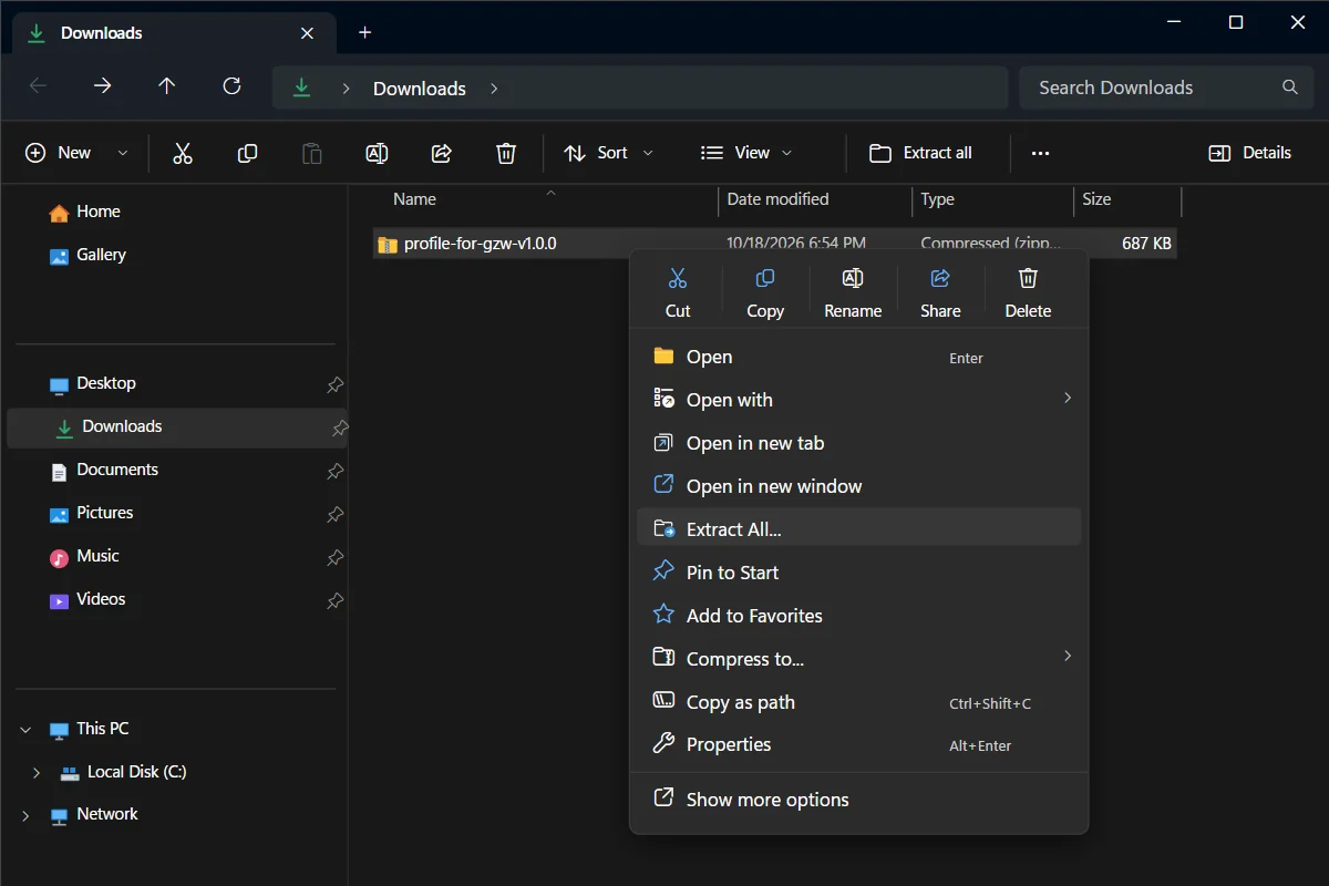 Right-click the zip file and choose Extract All.