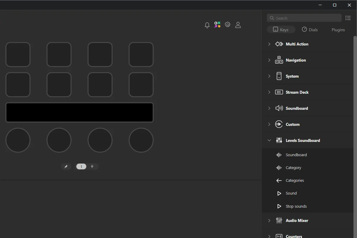 The Keys tab of the action list, with the Levels Soundboard category open.