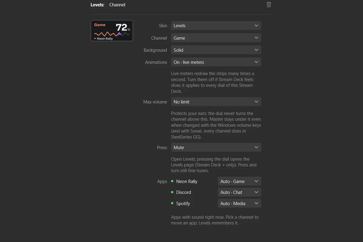 A Channel dial selected: its settings under the picture of the Stream Deck.