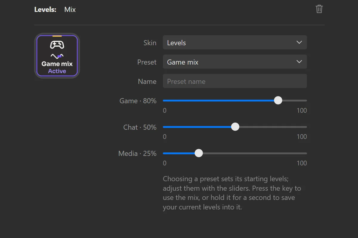 A Mix key selected: preset, name and the three levels.