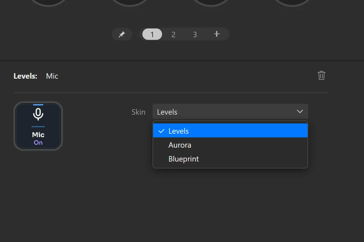 The Skin menu of a Levels key: every skin you have installed.