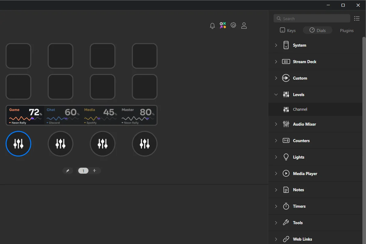 The Dials tab of the action list, with the Levels category open: Channel goes on each dial.