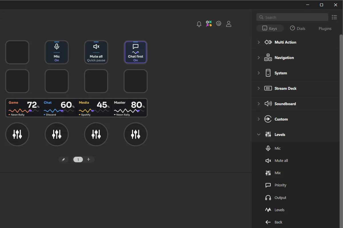 The Keys tab of the action list, with the Levels keys.