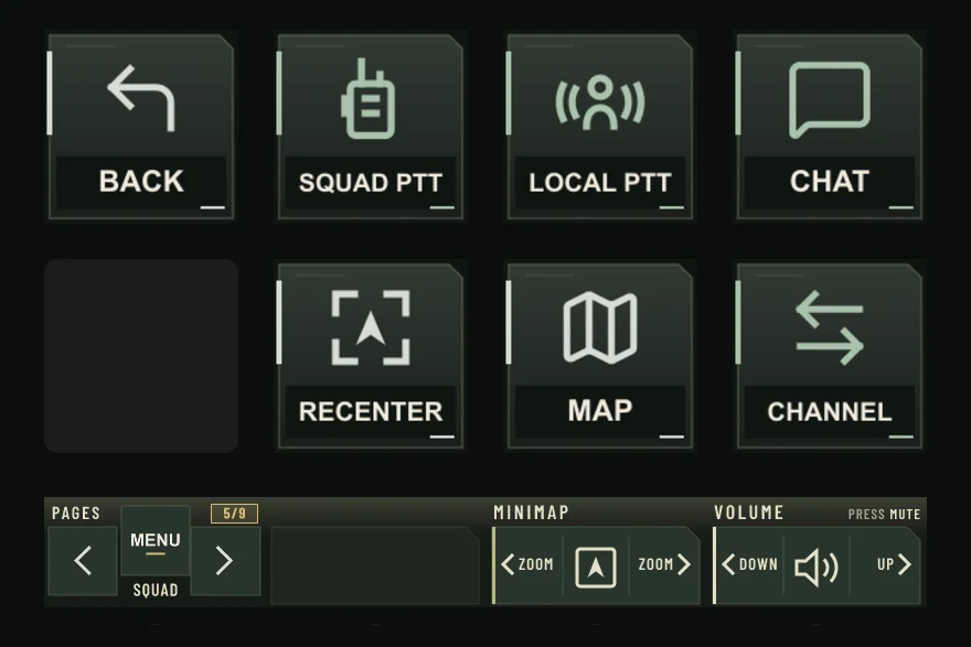 The Squad page on Stream Deck +: eight keys and the touch strip.