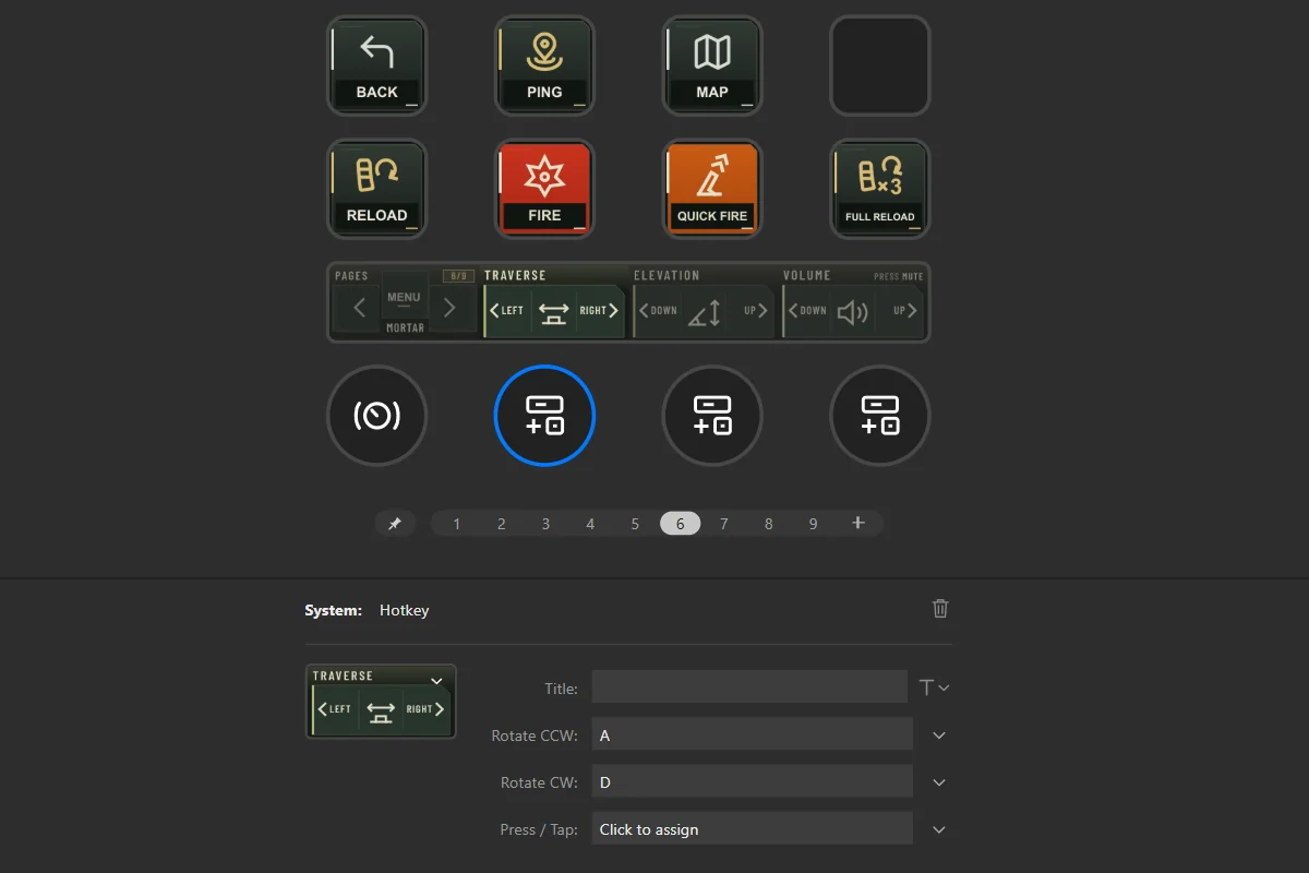 Click a dial: its settings show what it sends when you turn it left, right, and press it.
