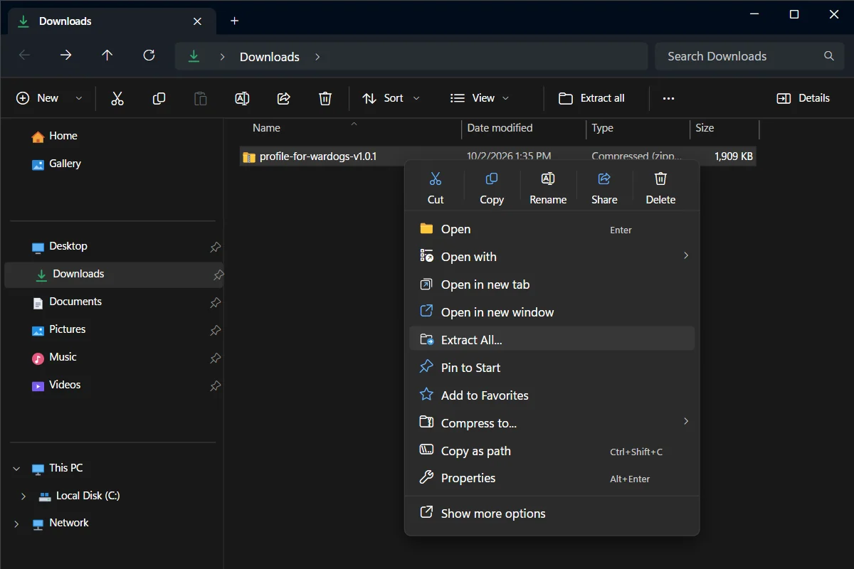 Right-click the zip file and choose Extract All.