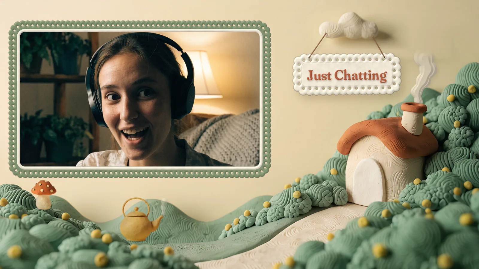 Cottagecore Just Chatting scene: a clay-style countryside with a cottage, a lace webcam frame and a Just Chatting sign hanging from a cloud