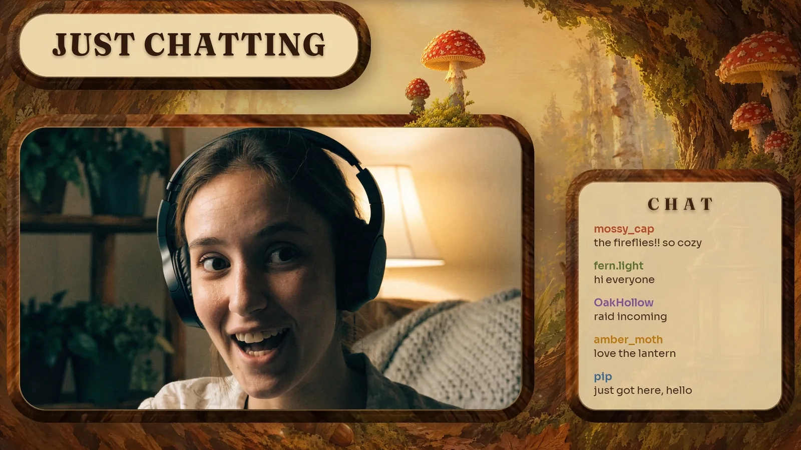 Mushroom Forest Just Chatting scene: a painted hollow tree with fly agaric mushrooms, a bark webcam window with a streamer and a chat panel