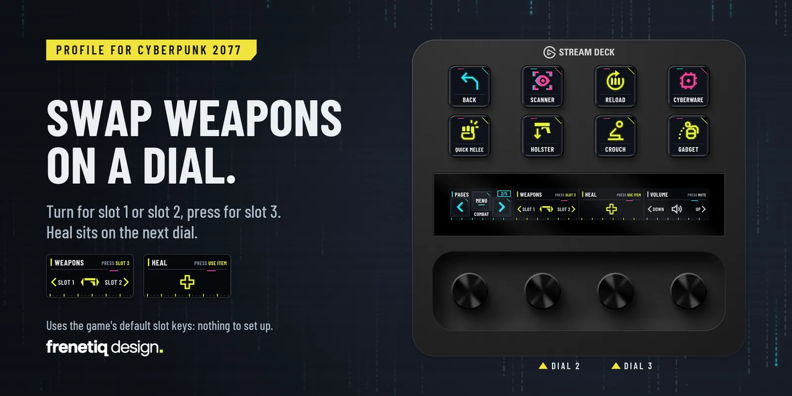 Swap weapons on a dial: the Combat page on Stream Deck + with the Weapons and Heal dials highlighted