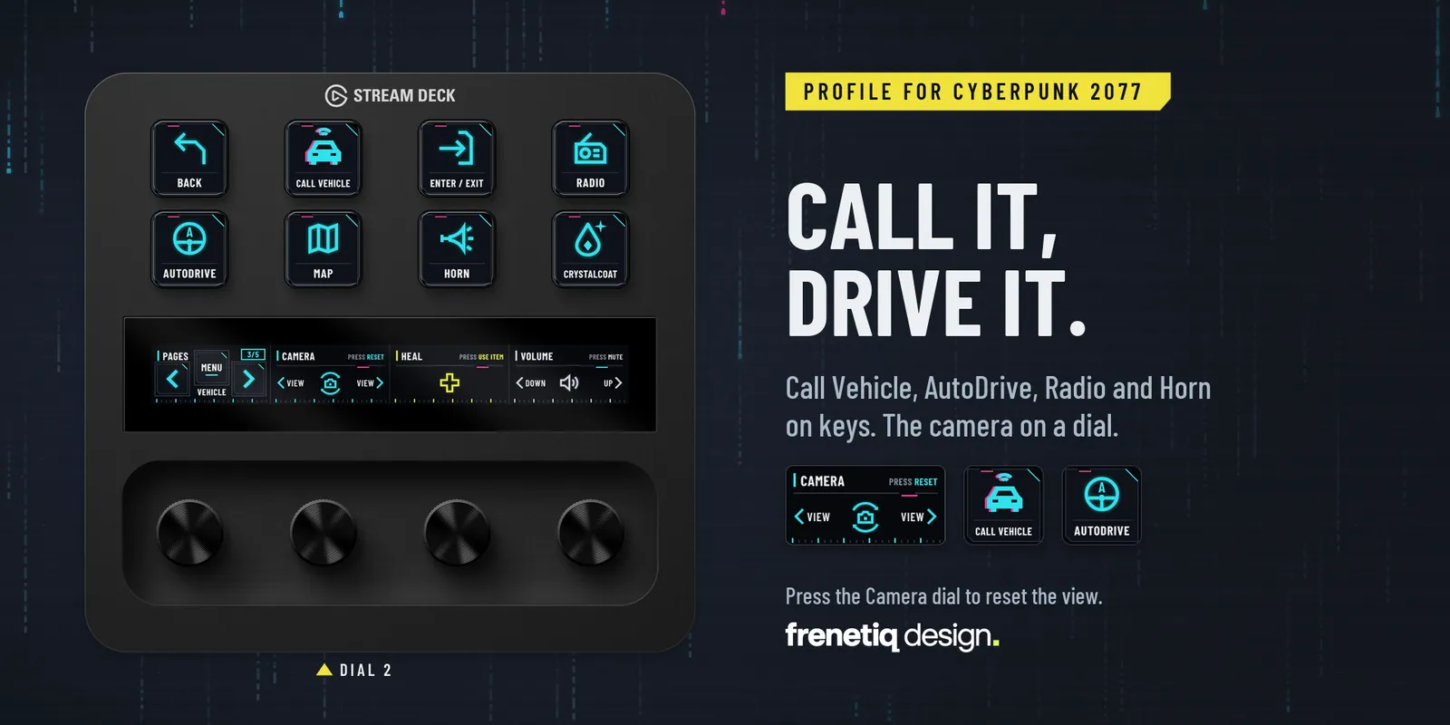 Call it, drive it: the Vehicle page on Stream Deck + with the Call Vehicle and AutoDrive keys and the Camera dial highlighted