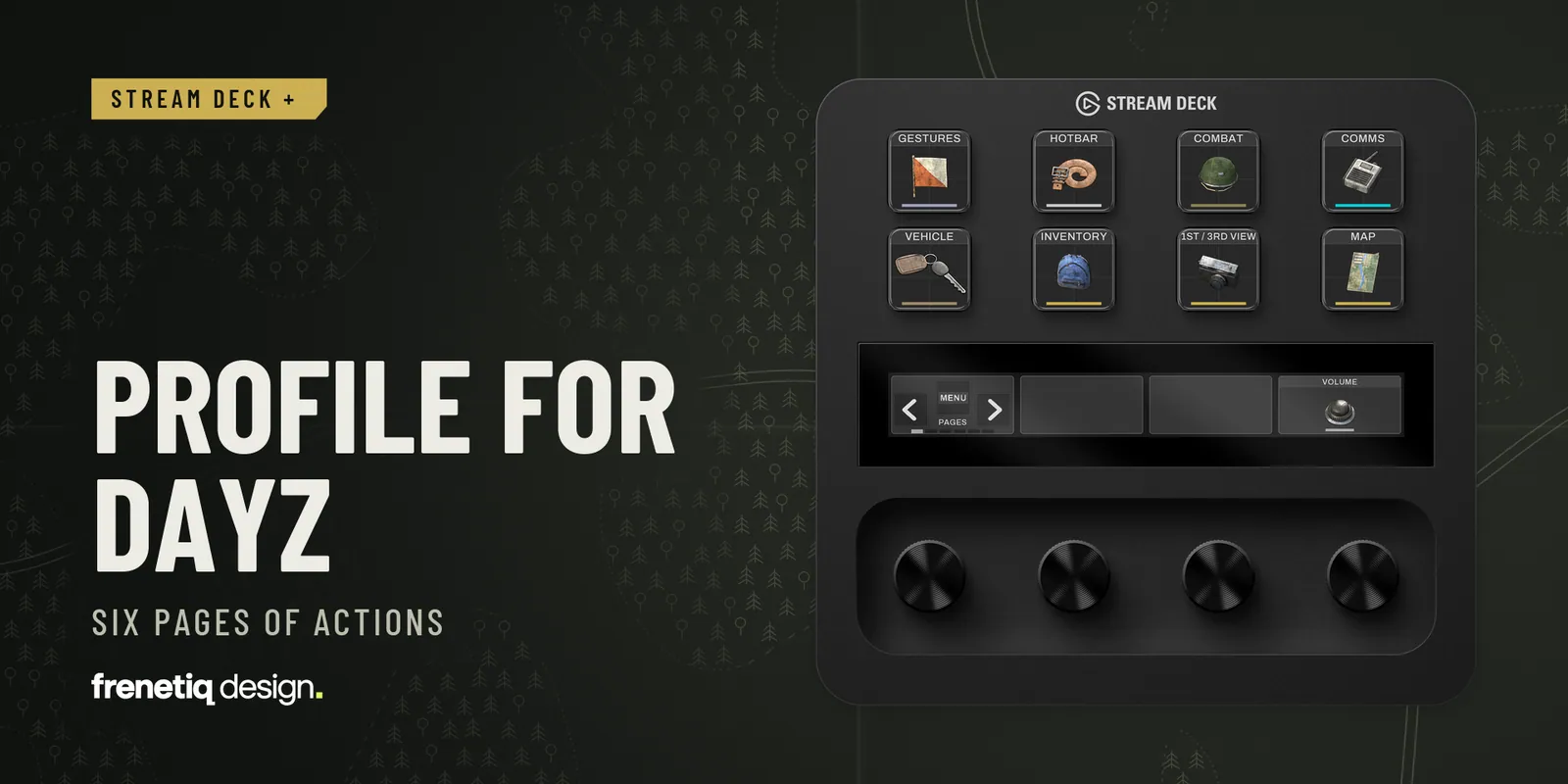 Profile for DayZ, six pages of actions: the Menu page on an Elgato Stream Deck + with Gestures, Hotbar, Combat, Voice and Vehicle keys