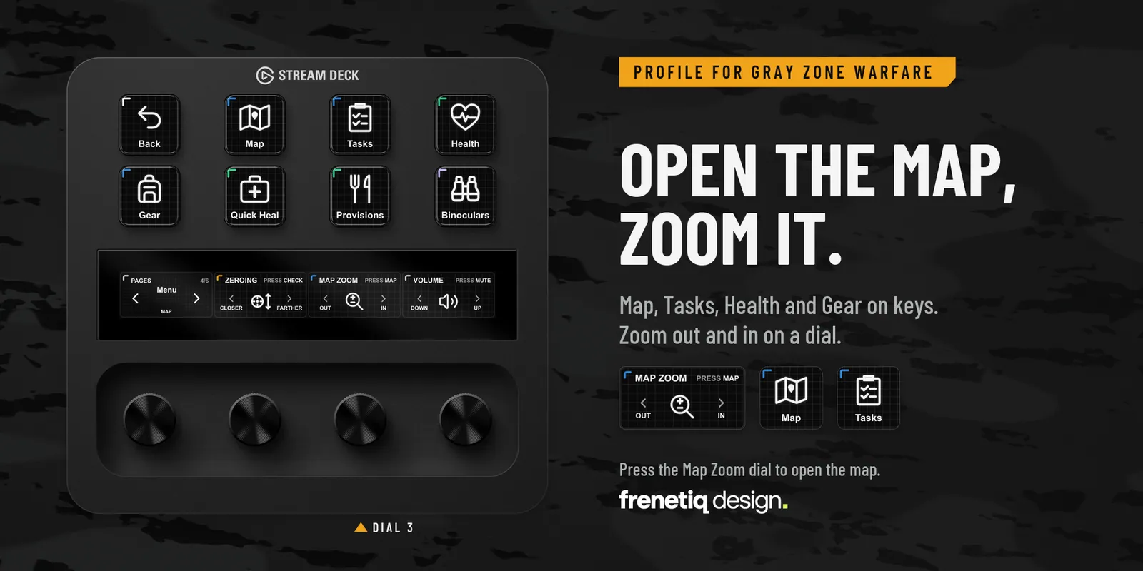 Open the map, zoom it: the Map page on Stream Deck + with the Map Zoom dial (dial 3) highlighted, plus the Map and Tasks keys