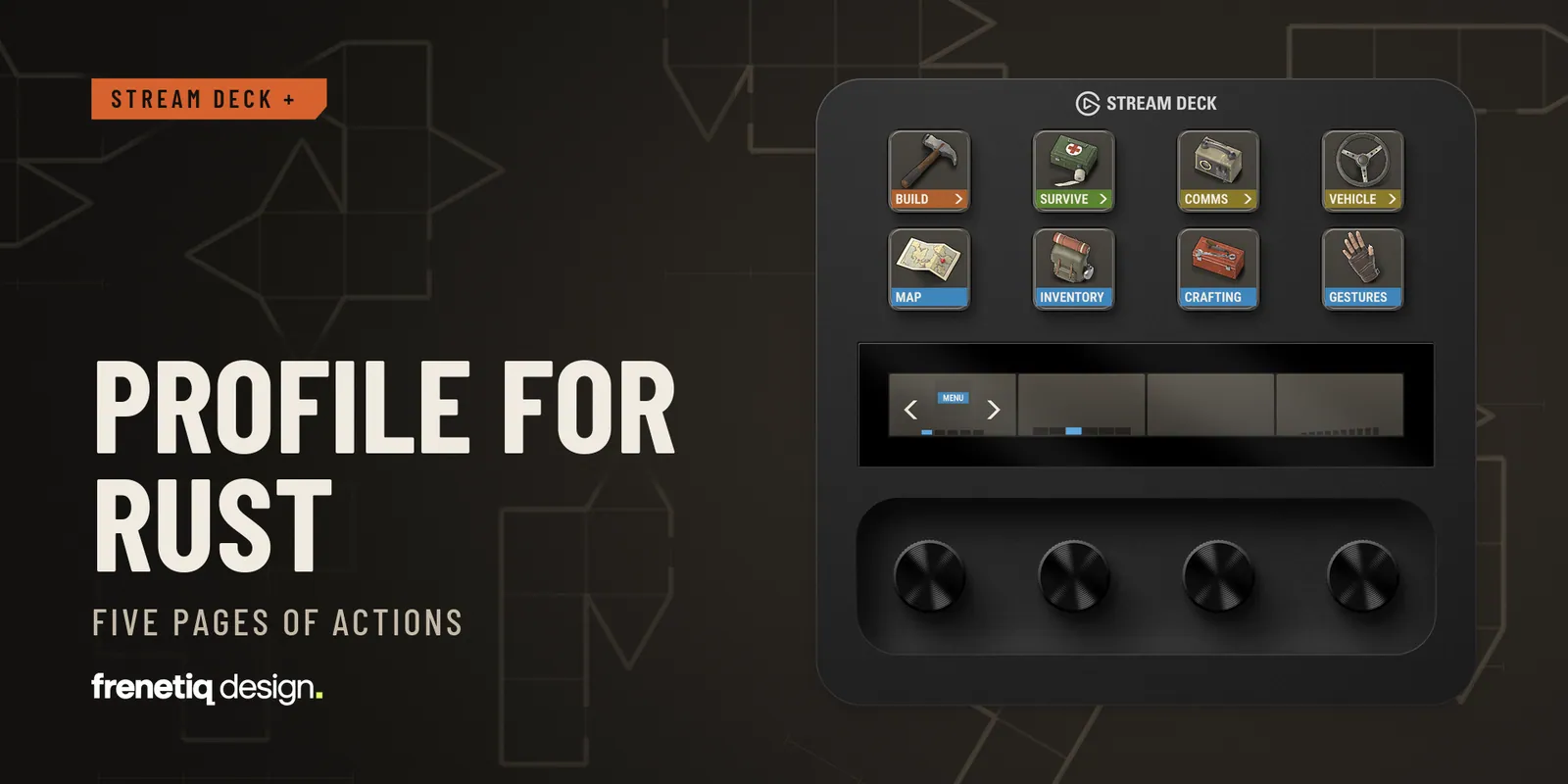 Profile for Rust, five pages of actions: the Menu page on an Elgato Stream Deck + with Build, Survive, Comms and Vehicle keys