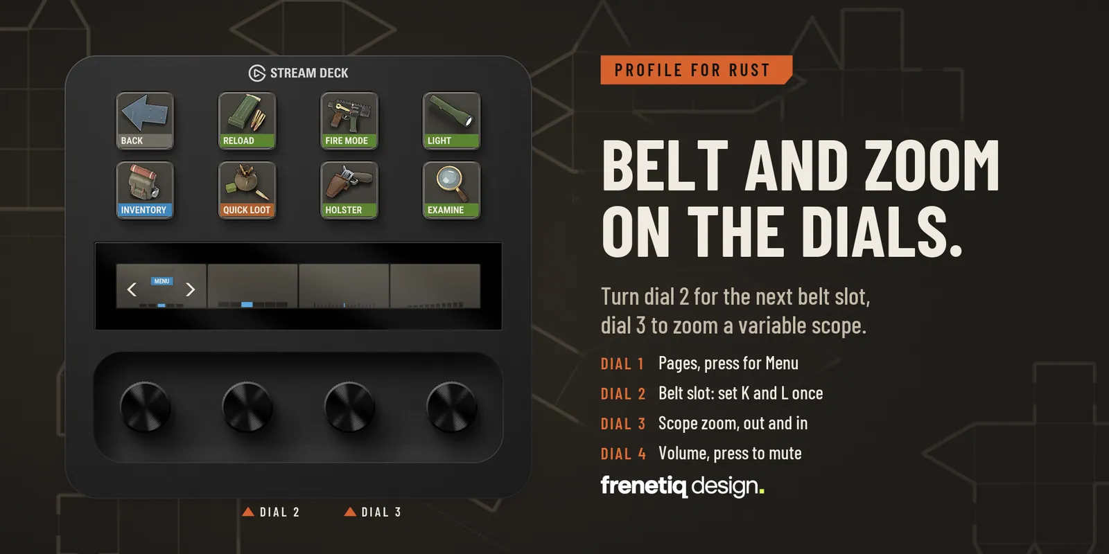 Belt and zoom on the dials: the Survive page on Stream Deck + with dial 2 (belt slot) and dial 3 (scope zoom) marked