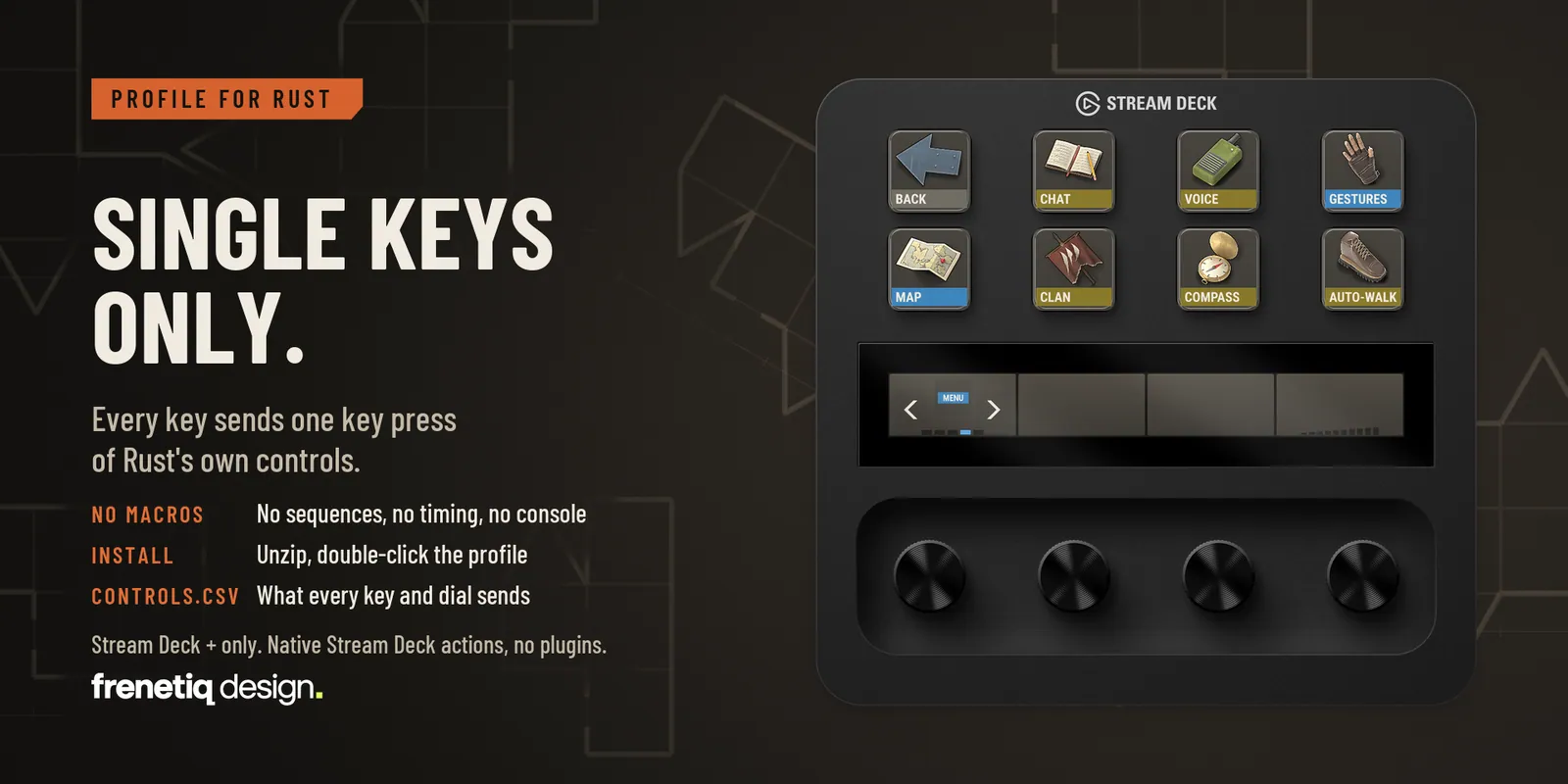 Single keys only: the Comms page on Stream Deck + next to the notes that every key sends one key press, with no macros
